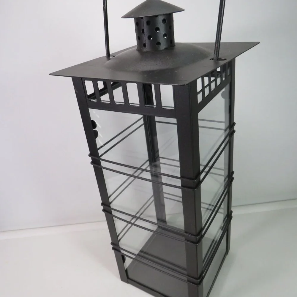 glass metal lantern 18 in tall with battery operated candle, bow and bird
